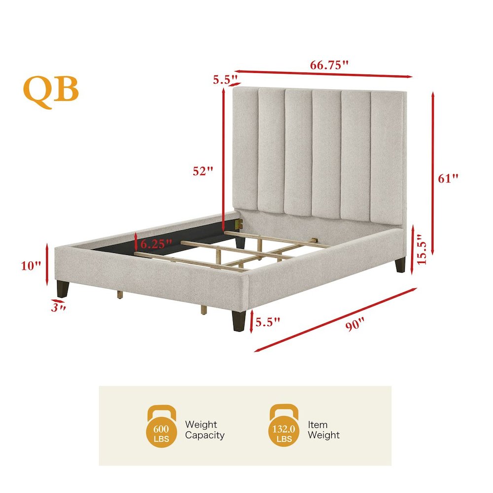 Modern Upholstered Low-Profile Bed Frame, Queen, Wheat Beige. Picture 7