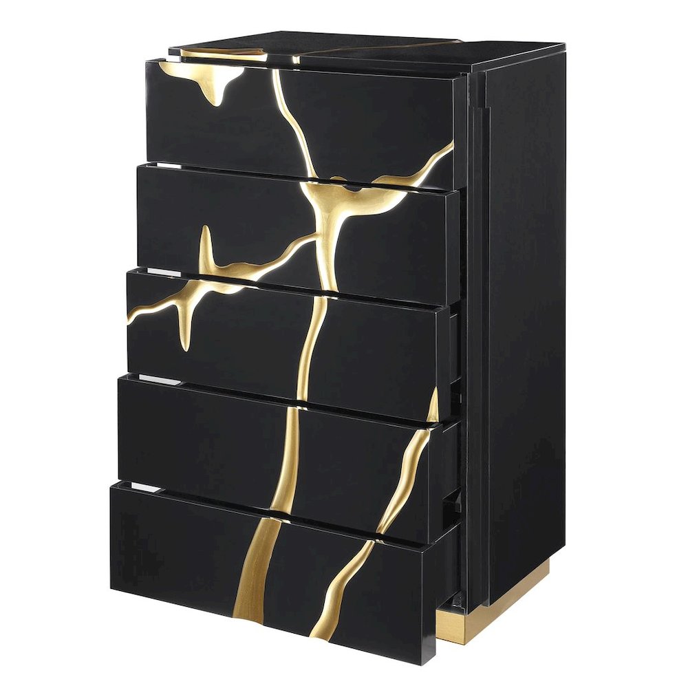 50" Tall Modern High Gloss Lacquered Drawer Chest with Gold Accent Cracks. Picture 5