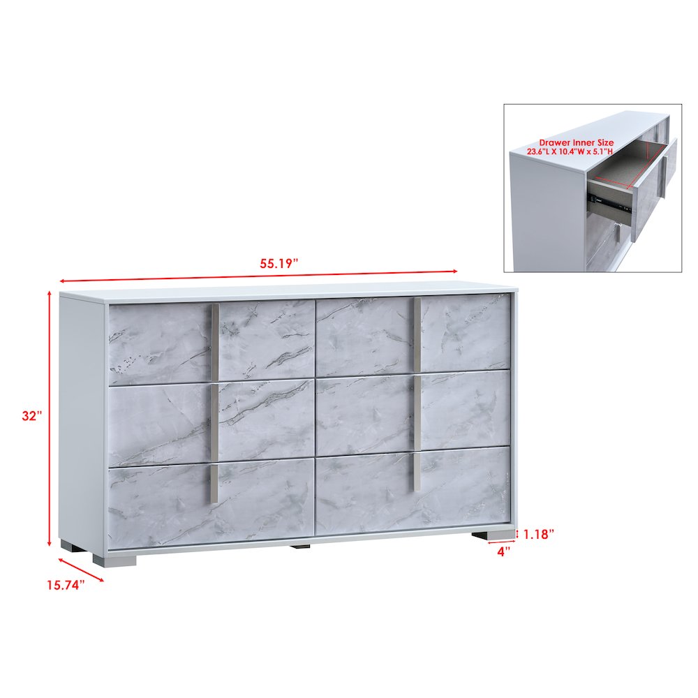 6-Drawer Double Dresser, White Lacquered Gloss, White Faux Marble Finish. Picture 4