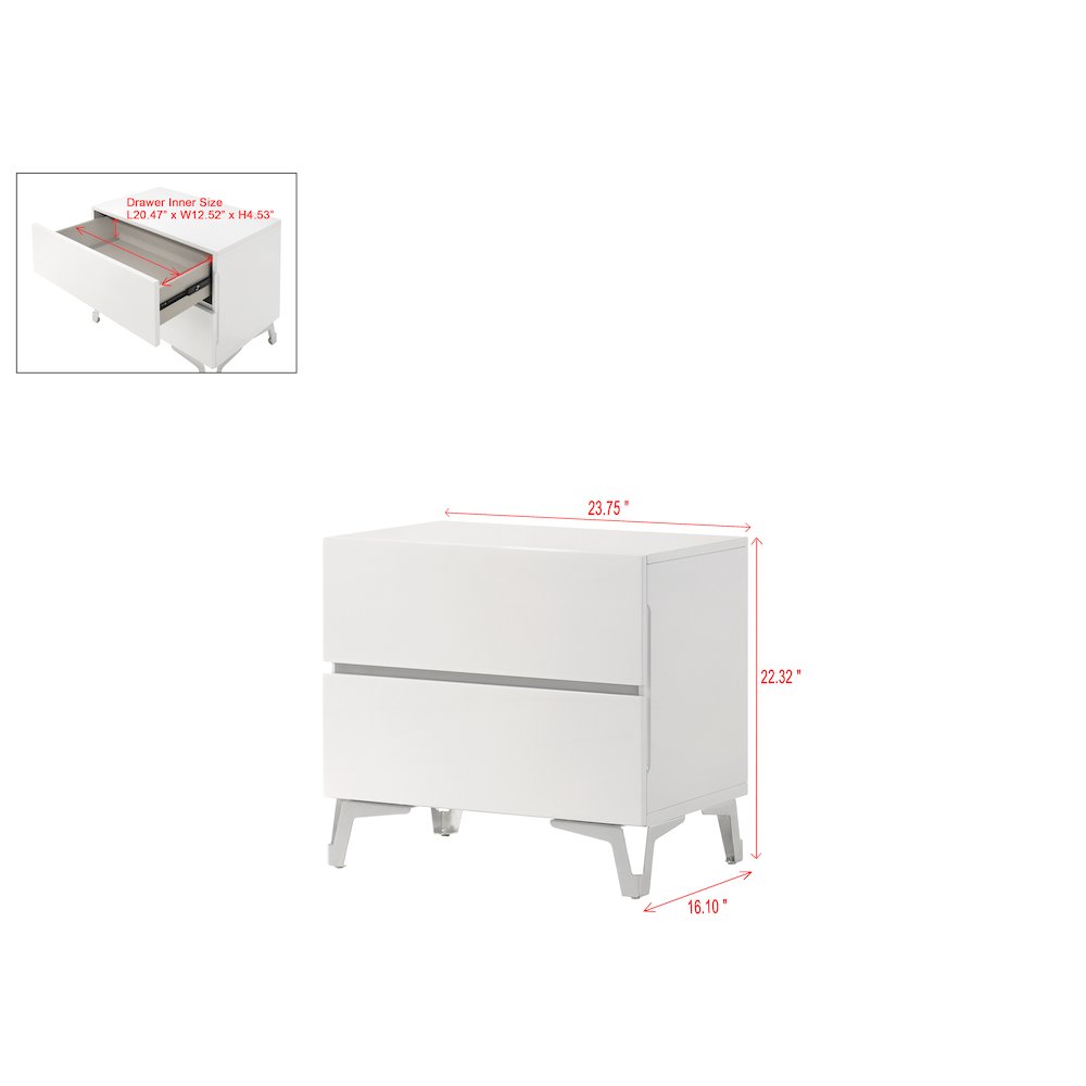 24" Wide 2-Drawer Nightstand, White Gloss Finish, Silver Accent Trim. Picture 3