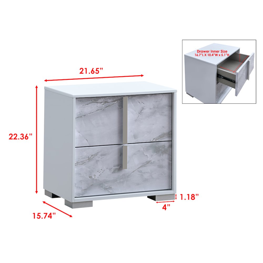 22" Wide 2-Drawer Nightstand, White Lacquered Gloss, White Faux Marble. Picture 3