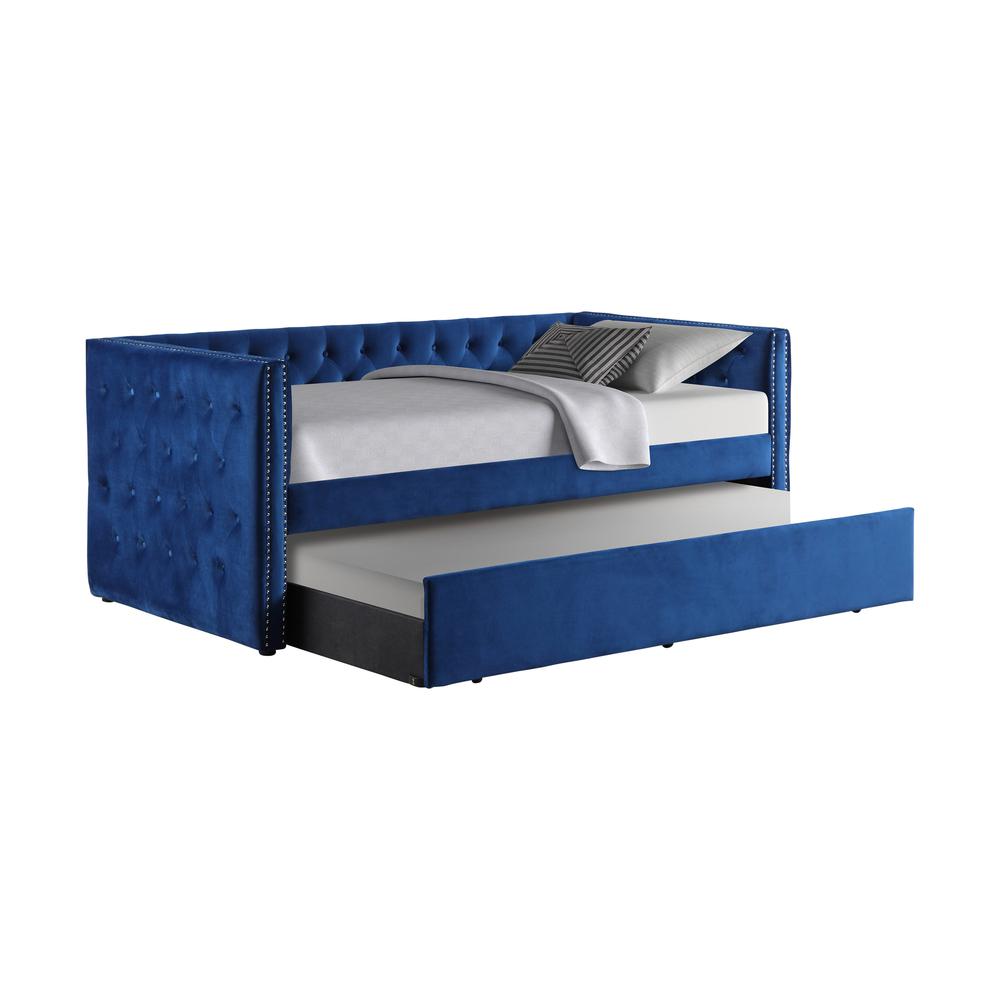 Best Master Furniture Nikora 86" Tufted Fabric Daybed with Trundle in Blue. Picture 1