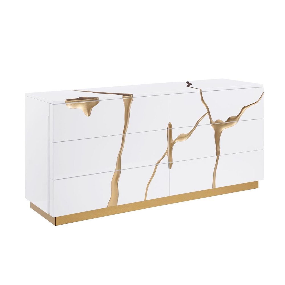 Modern High-Gloss Lacquered Dresser with Gold Crack Accents and Gold Base. Picture 1