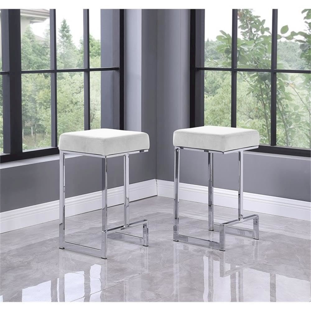 Dorrington Velvet Backless Counter Height Stool in White/Silver (Set of 2). Picture 2