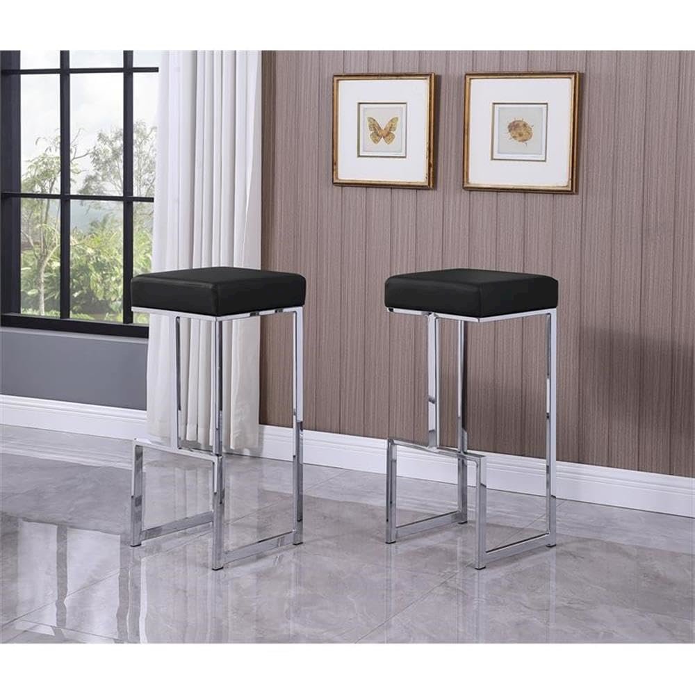Dorrington Modern Faux Leather Backless Bar Stool in Black/Silver (Set of 2). Picture 2