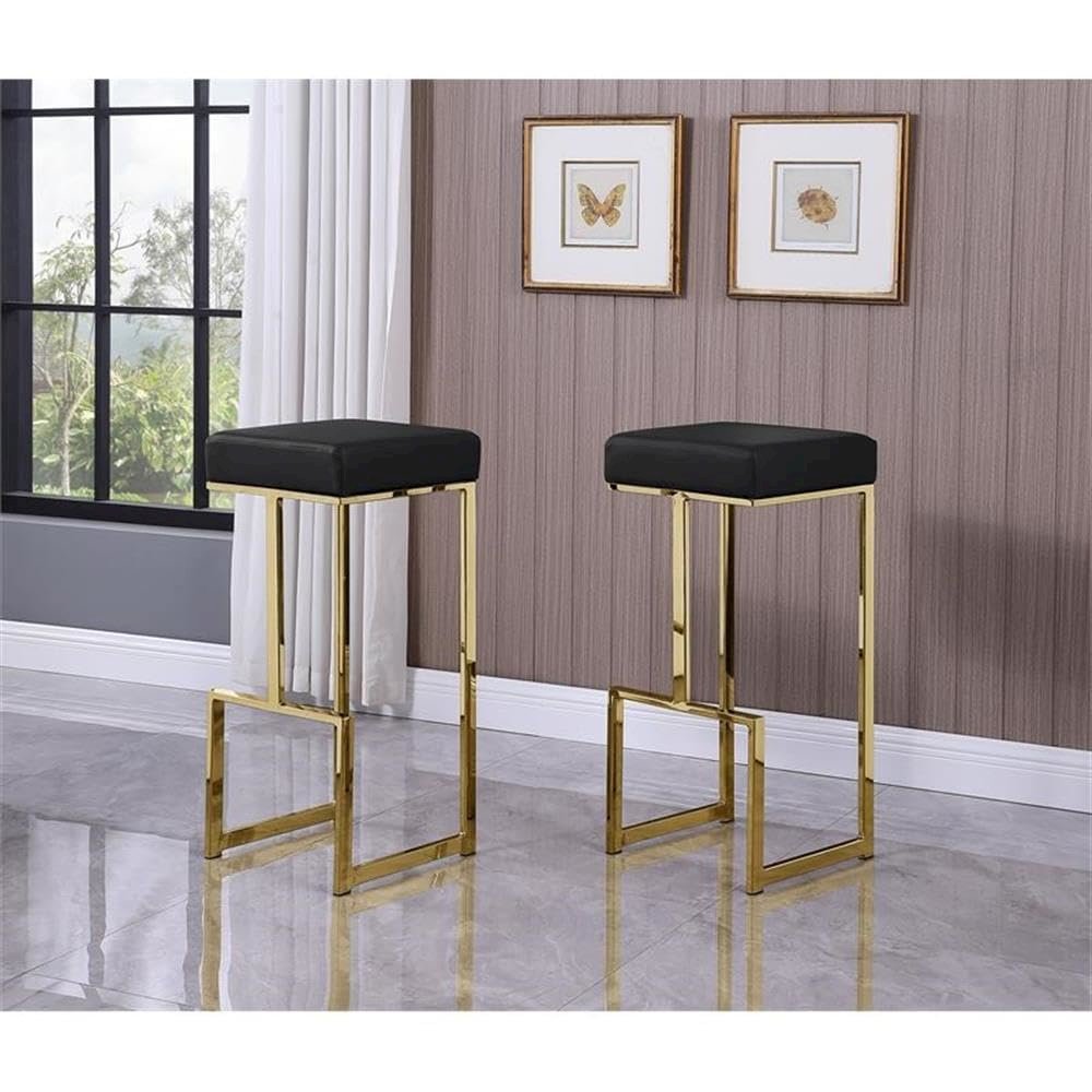 Dorrington Modern Faux Leather Backless Bar Stool in Black/Gold (Set of 2). Picture 2