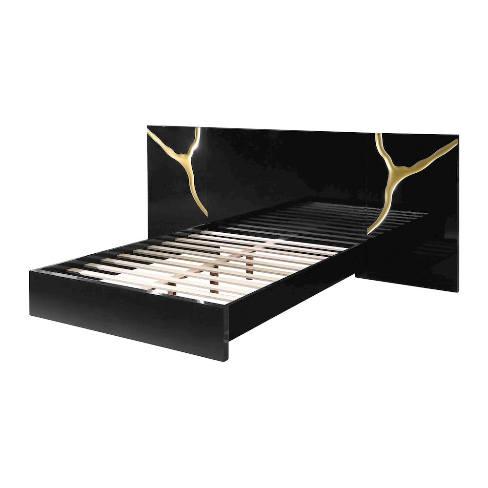 Modern Lacquered High Gloss Queen Bed Frame with Striking Gold Accent Cracks. Picture 1