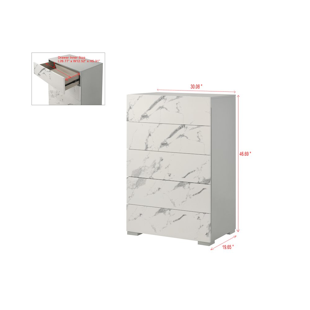 47" High 5-Drawer Chest, Faux Marble Panels, Lacquered Gloss Frame, Modern. Picture 4