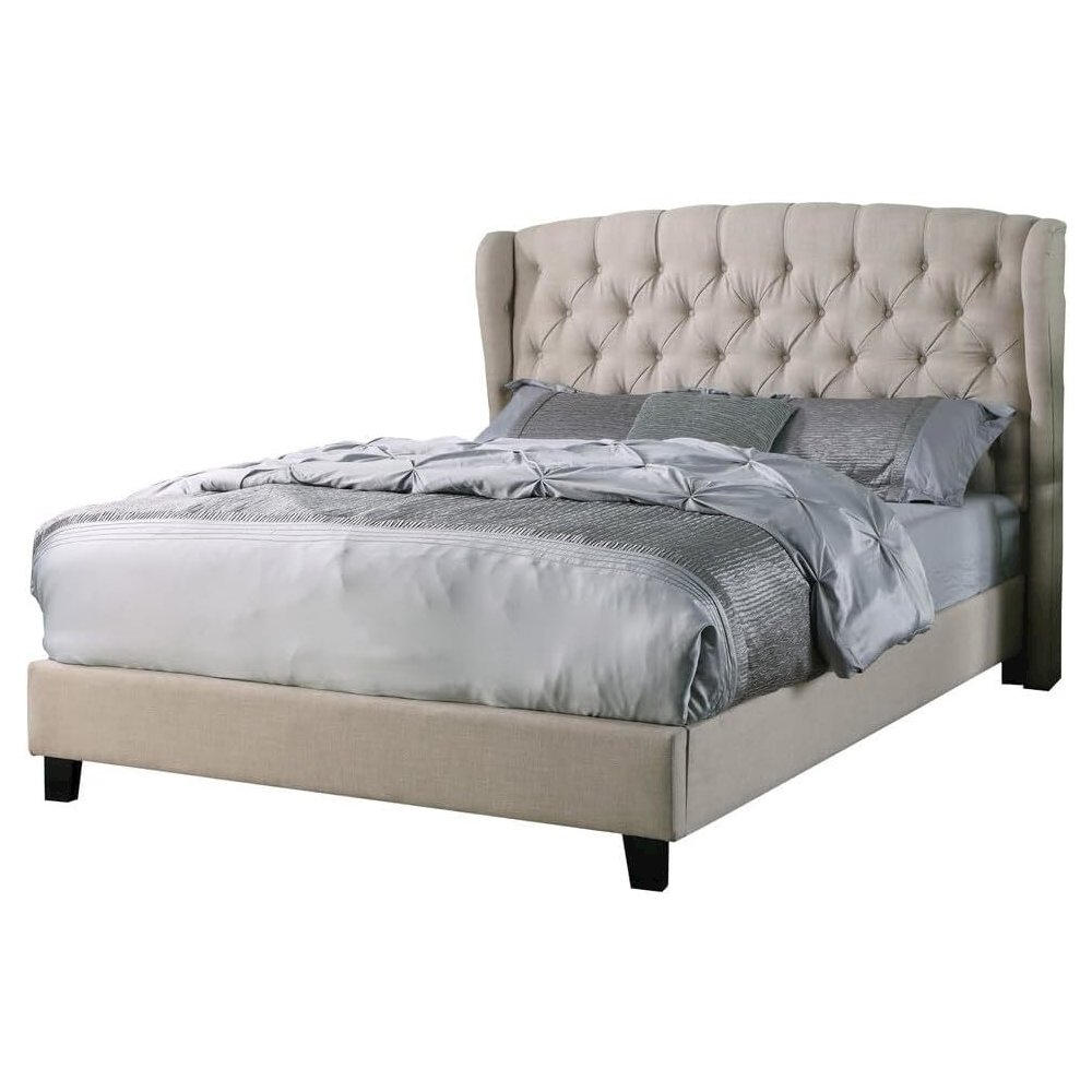 Frances Solid Wood/Fabric Upholstry Queen Platform Bed - Beige. Picture 1