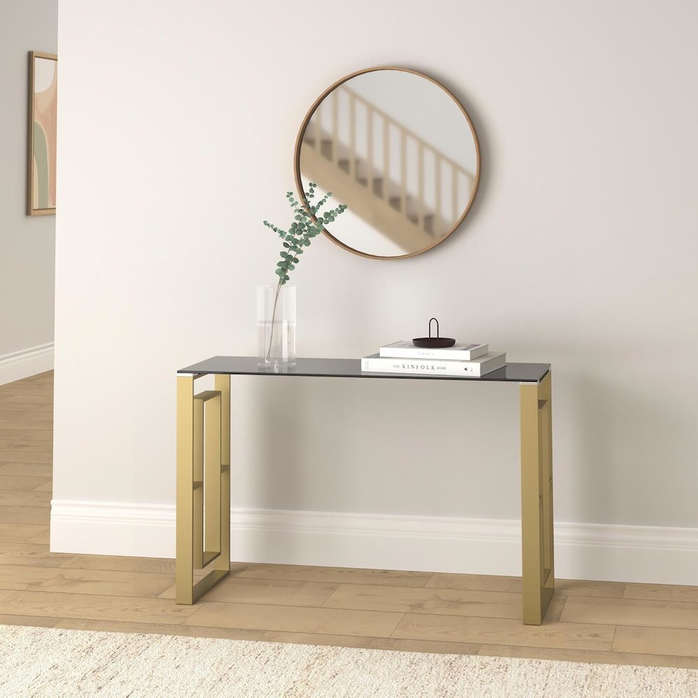 Best Master Mallory Stainless Steel and Smoked Glass Console Table in Gold. Picture 2