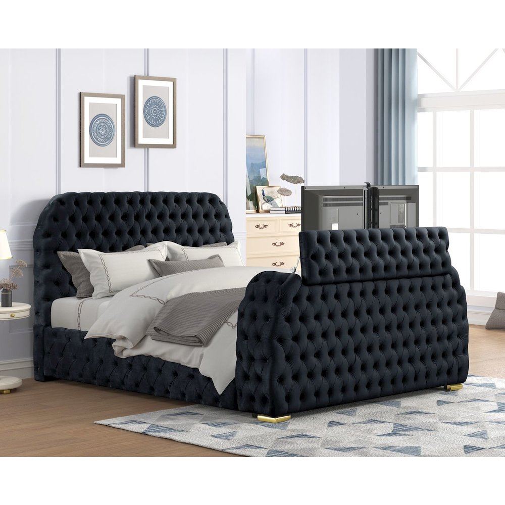 Brielle Upholstered Velvet Bed Frame with TV Stand & Fireplace, Queen, Black. Picture 6