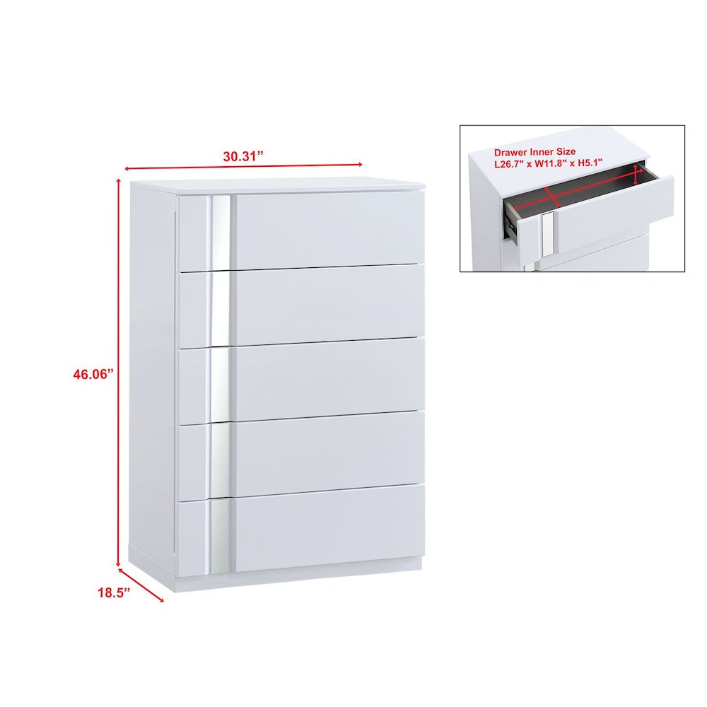 Modern Mirrored 5-Drawer Chest, White. Picture 4