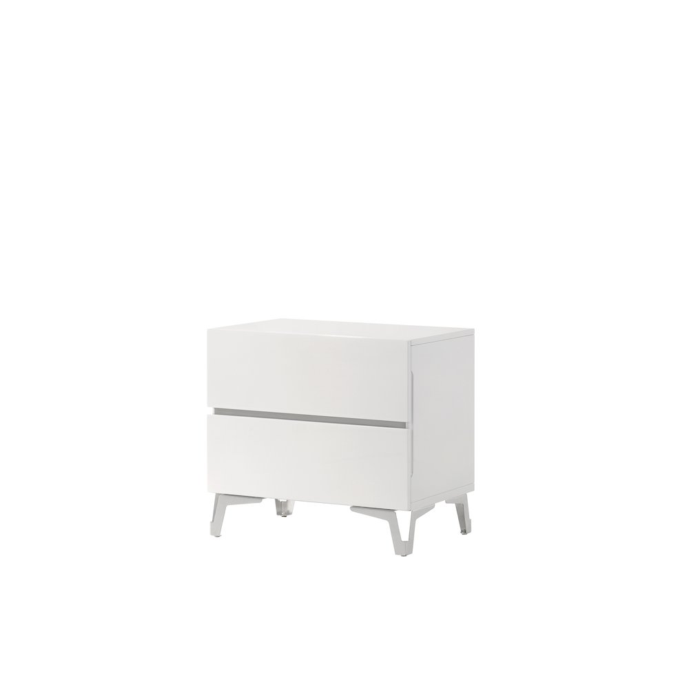 24" Wide 2-Drawer Nightstand, White Gloss Finish, Silver Accent Trim. Picture 1