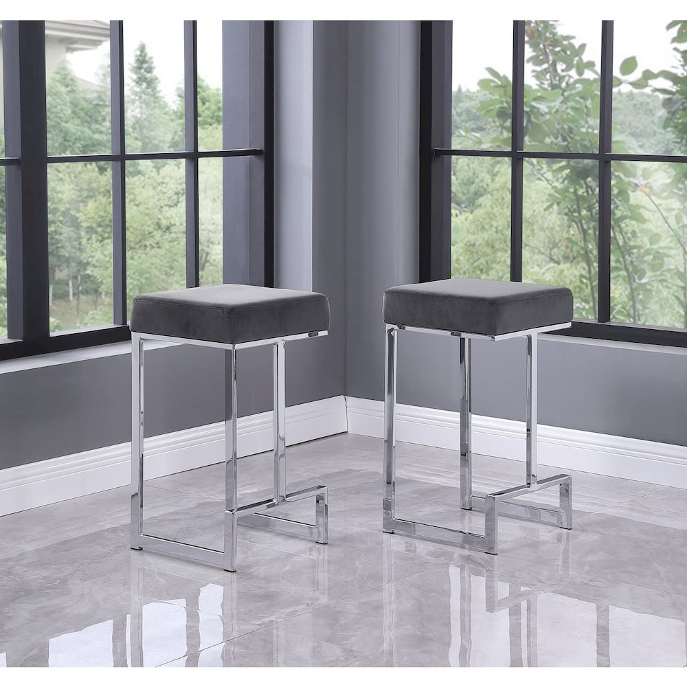 Dorrington Velvet Backless Counter Height Stool in Gray/Silver (Set of 2). Picture 2