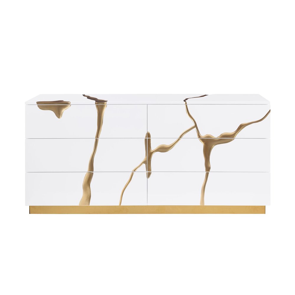 Modern High-Gloss Lacquered Dresser with Gold Crack Accents and Gold Base. Picture 2
