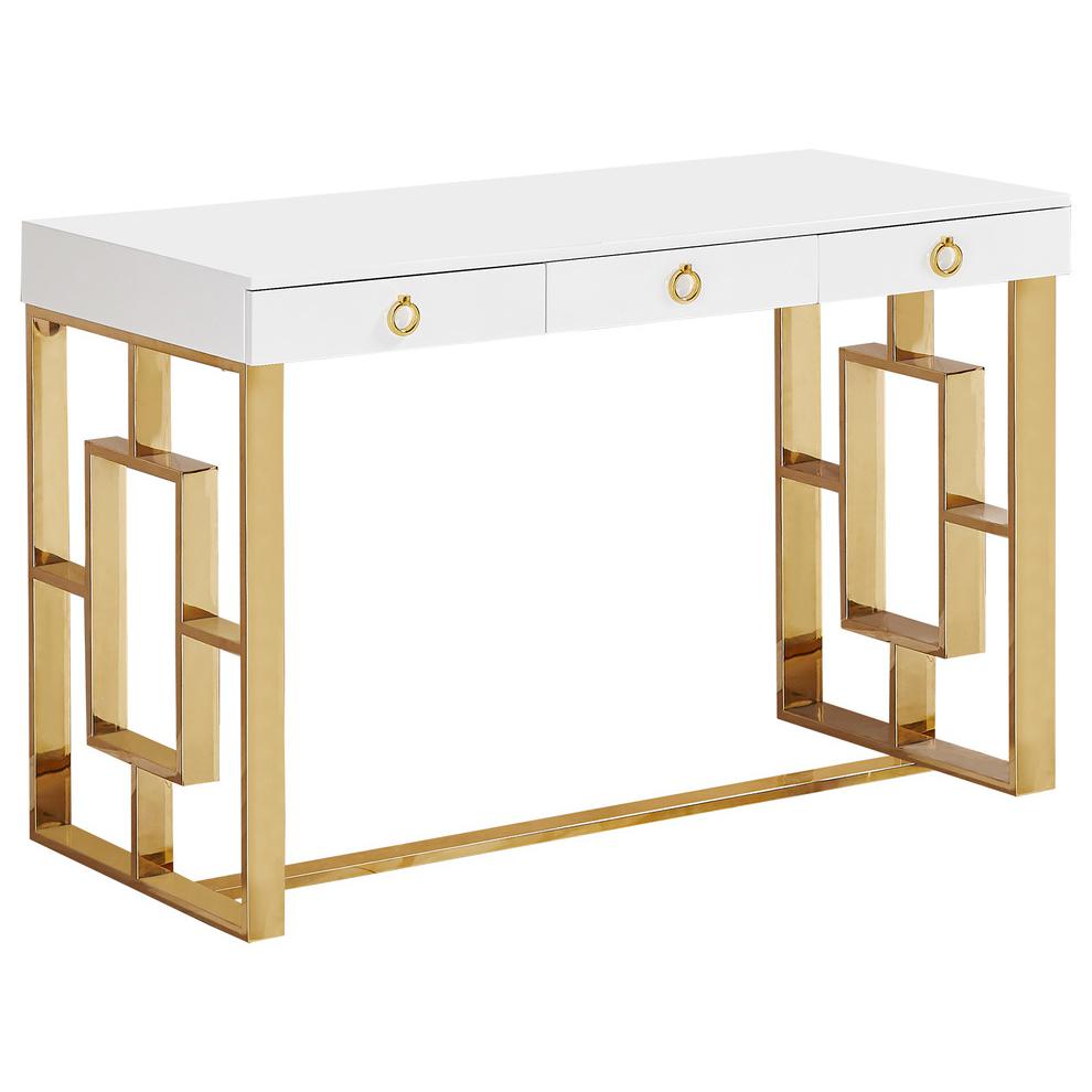 Best Master Brooks 3-Drawer Wood and Stainless Steel Frame Writing Desk - Gold. Picture 1