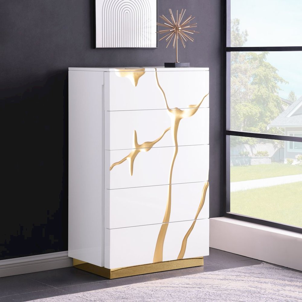 Modern High Gloss Lacquered Drawer Chest with Gold Accent Cracks and Base. Picture 9