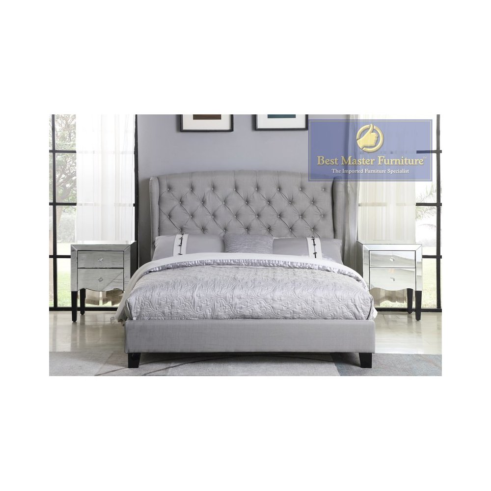 Frances Solid Wood/Fabric Upholstry East King Platform Bed - Grey. Picture 4