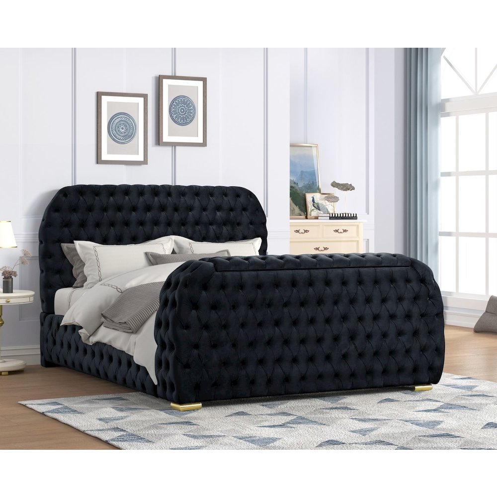 Upholstered Velvet Bed Frame with TV Stand & Fireplace, Eastern King, Black. Picture 5