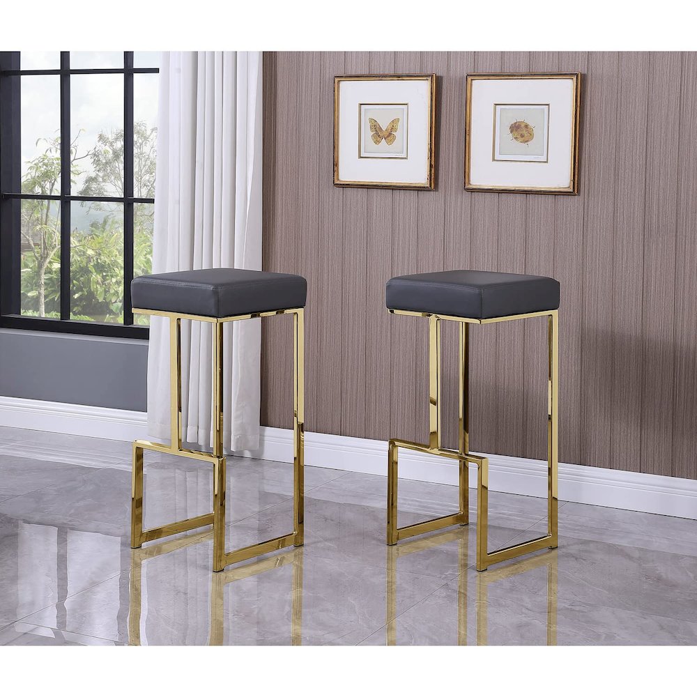 Dorrington Modern Faux Leather Backless Bar Stool in Gray/Gold (Set of 2). Picture 2