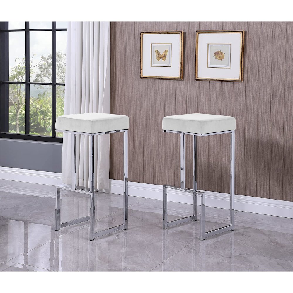 Dorrington Modern Velvet Backless Bar Stool in White/Silver (Set of 2). Picture 2