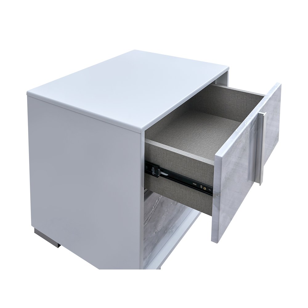 22" Wide 2-Drawer Nightstand, White Lacquered Gloss, White Faux Marble. Picture 2