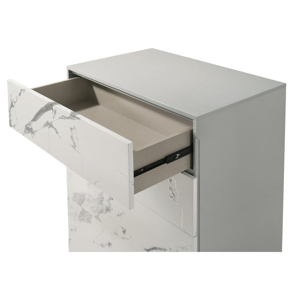 47" High 5-Drawer Chest, Faux Marble Panels, Lacquered Gloss Frame, Modern. Picture 2