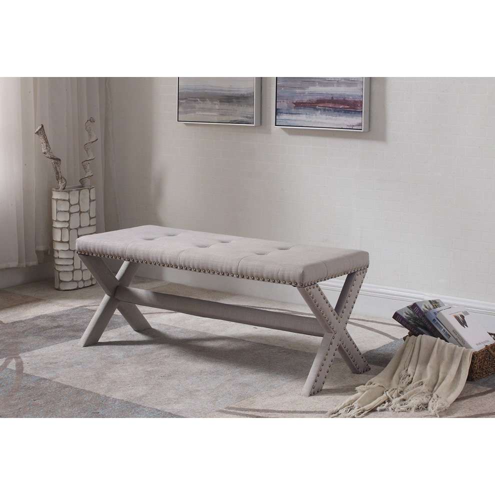 Best Master Fabric Upholstered Rectangular Accent Bench in Gray/Nail heads. Picture 2