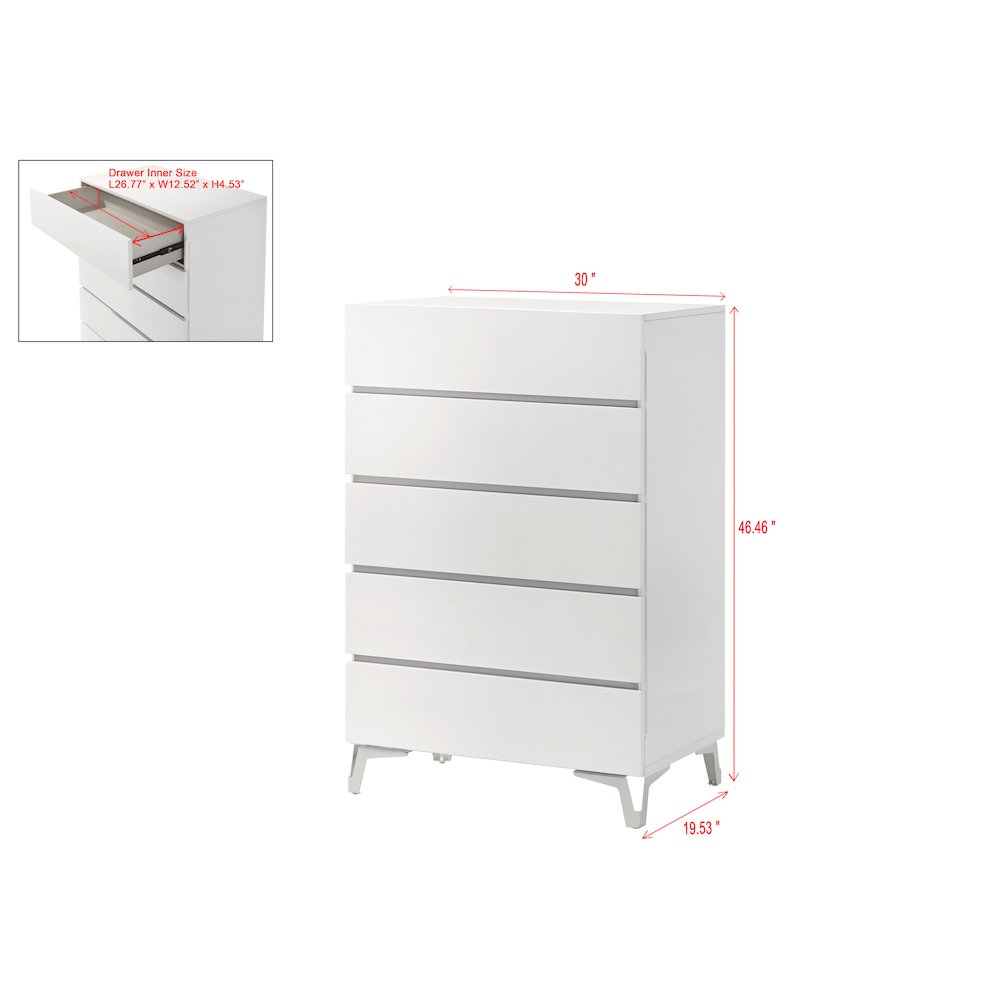 46.5" High 5-Drawer Chest, Gloss Finish, Silver Accent Trim, Modern. Picture 4