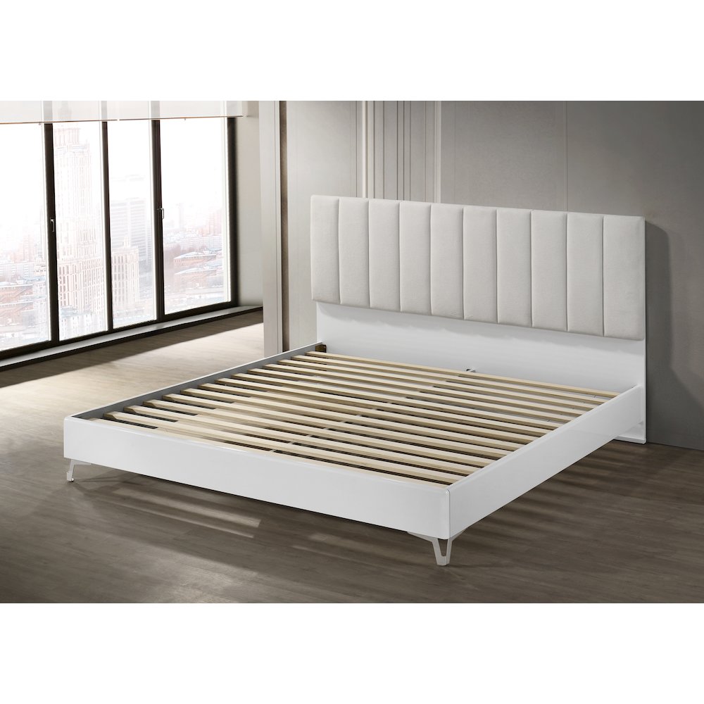 87" California King Bed Frame, White Frame with Beige Padded Headboard. Picture 3