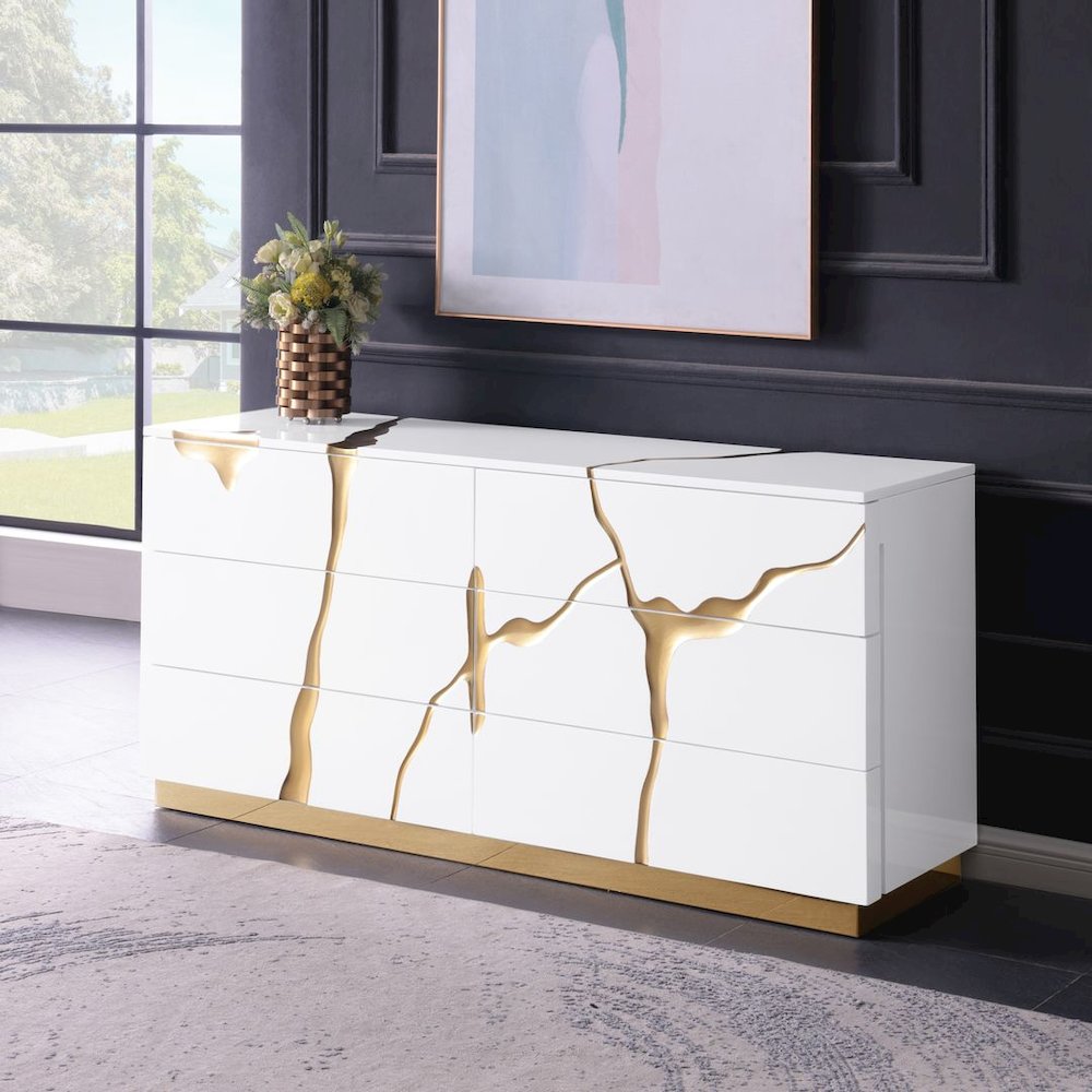 Modern High-Gloss Lacquered Dresser with Gold Crack Accents and Gold Base. Picture 9