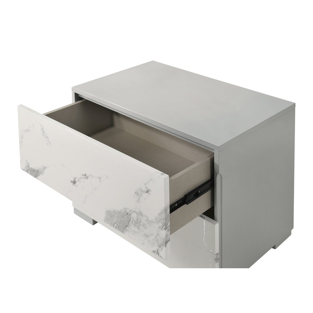 24" Wide 2-Drawer Nightstand, Faux Marble Front, Lacquered Gloss Frame. Picture 2