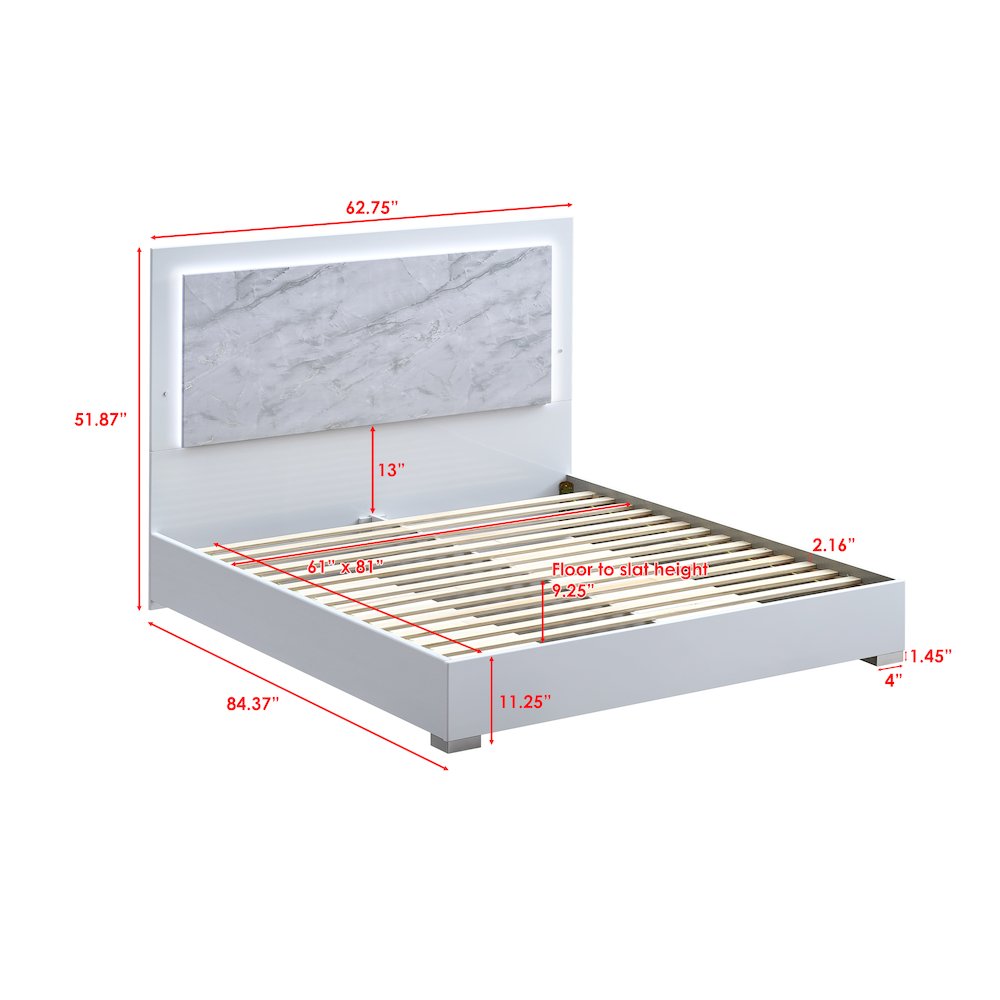 84.5" Queen Bed Frame, White Lacquered Gloss, LED Headboard. Picture 7