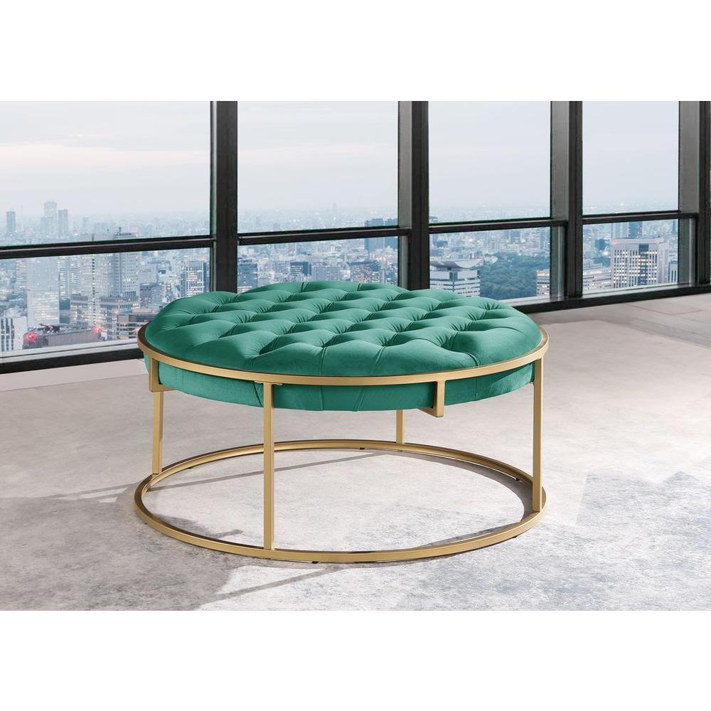 Conmara Velvet Round Accent Ottoman Green, Gold. Picture 2