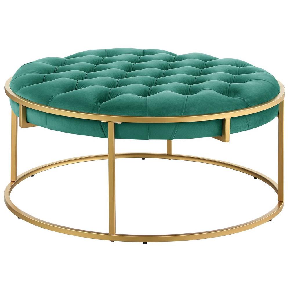 Conmara Velvet Round Accent Ottoman Green, Gold. Picture 1