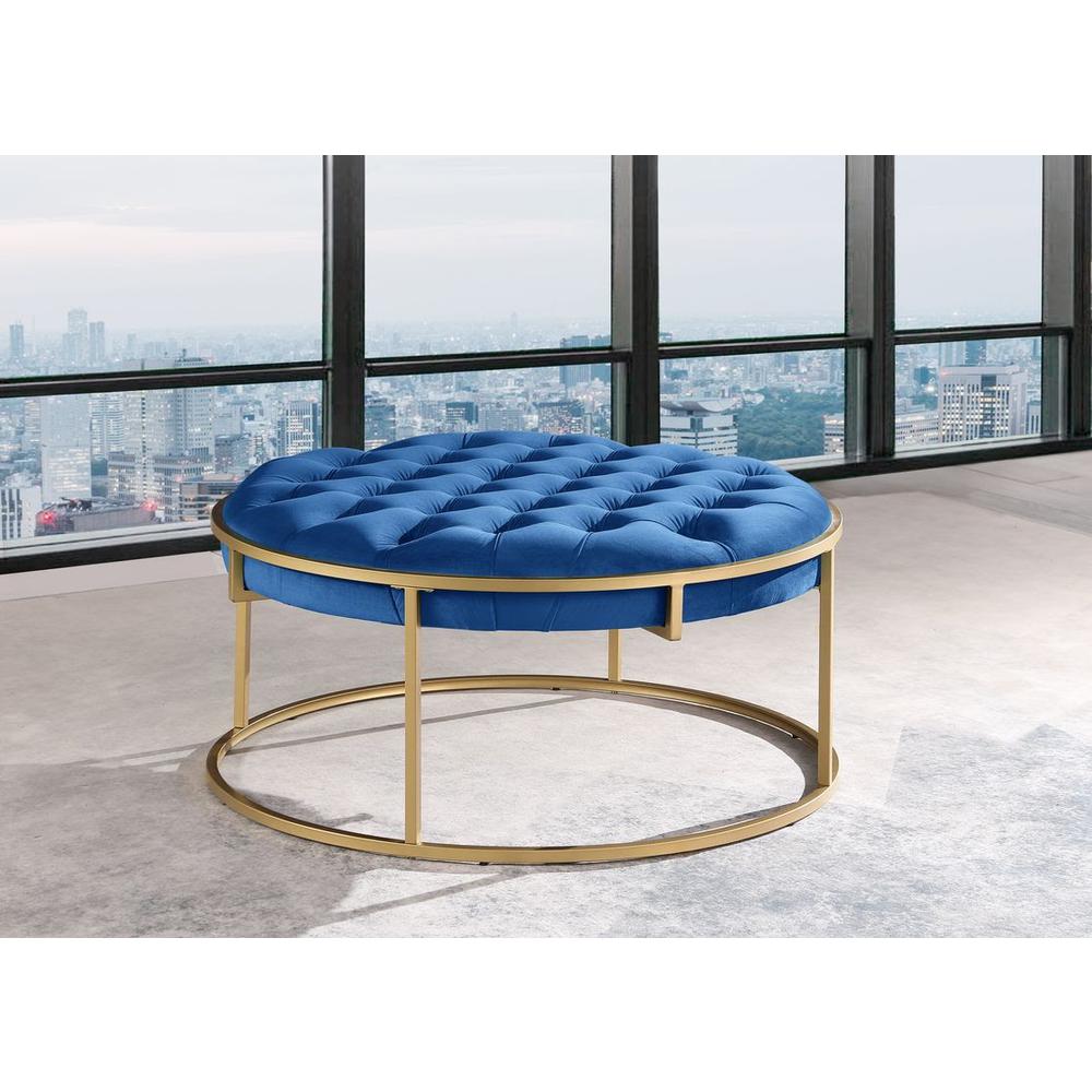 Conmara Velvet Round Accent Ottoman Navy Blue, Gold. Picture 2