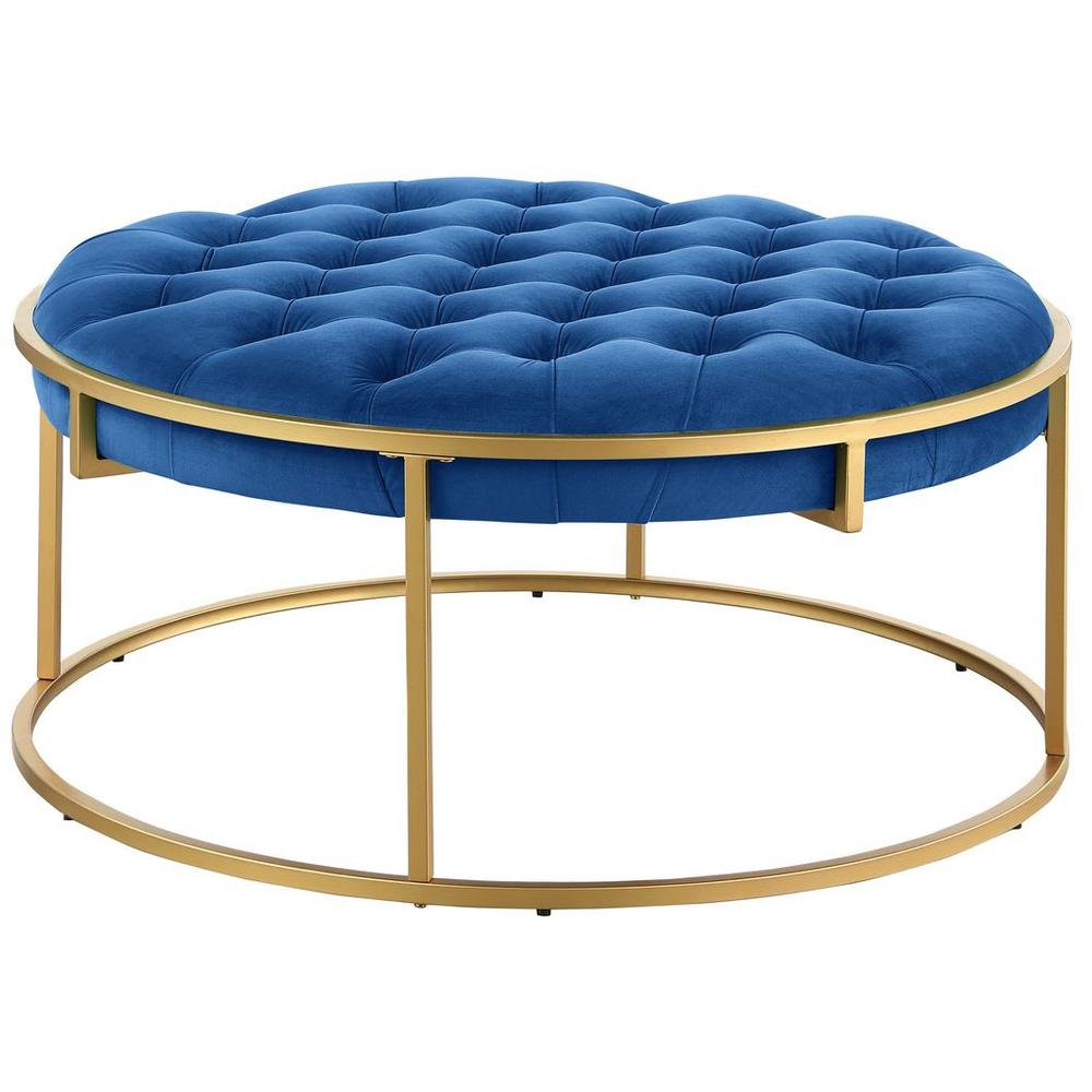 Conmara Velvet Round Accent Ottoman Navy Blue, Gold. Picture 1