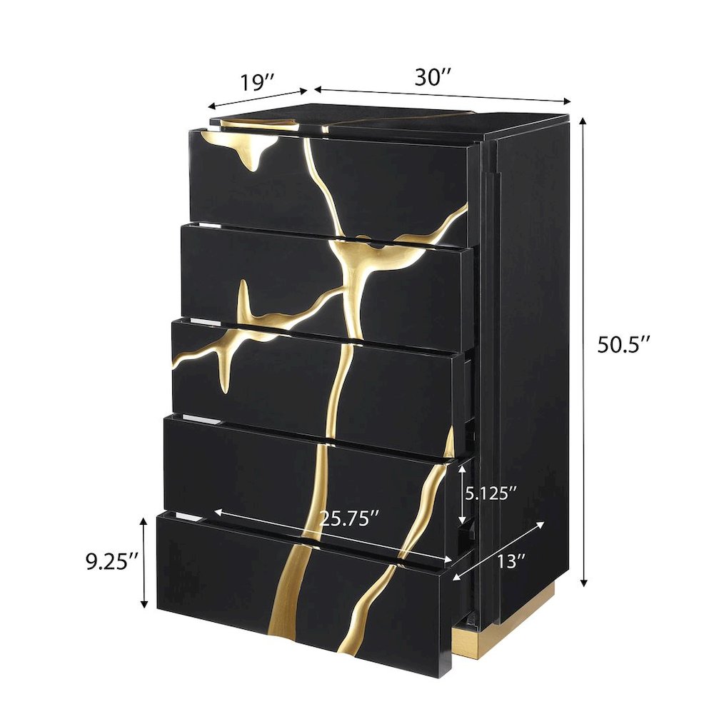 50" Tall Modern High Gloss Lacquered Drawer Chest with Gold Accent Cracks. Picture 6