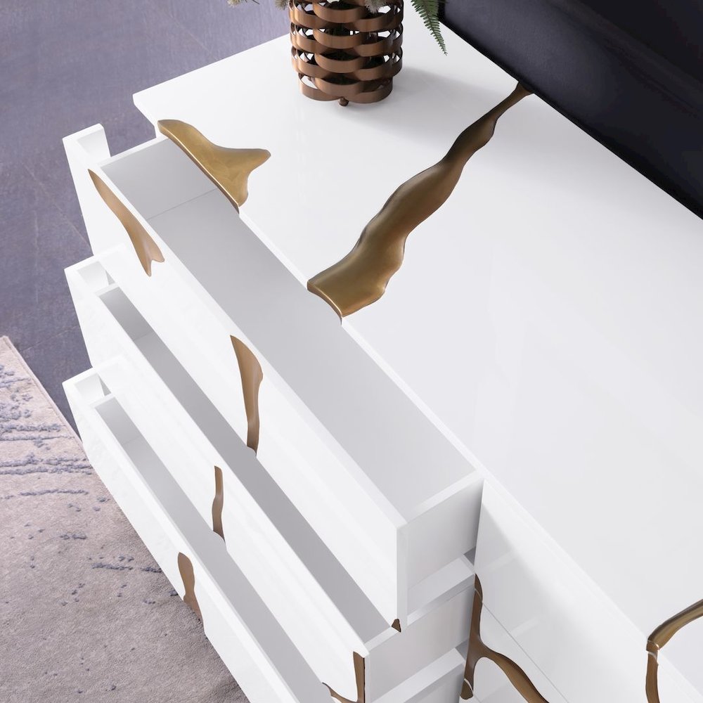 Modern High-Gloss Lacquered Dresser with Gold Crack Accents and Gold Base. Picture 8