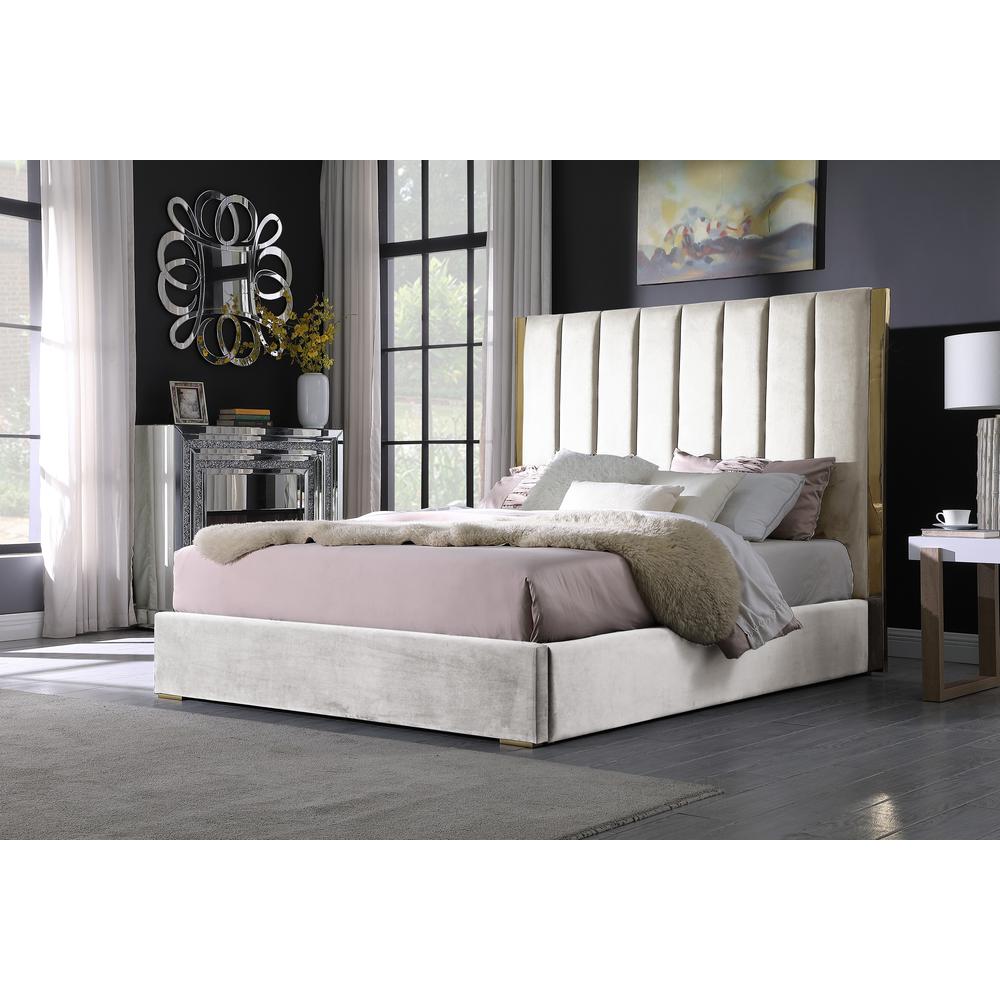 Jalen Beige Velvet California King Platform Bed with Gold Accents. Picture 2