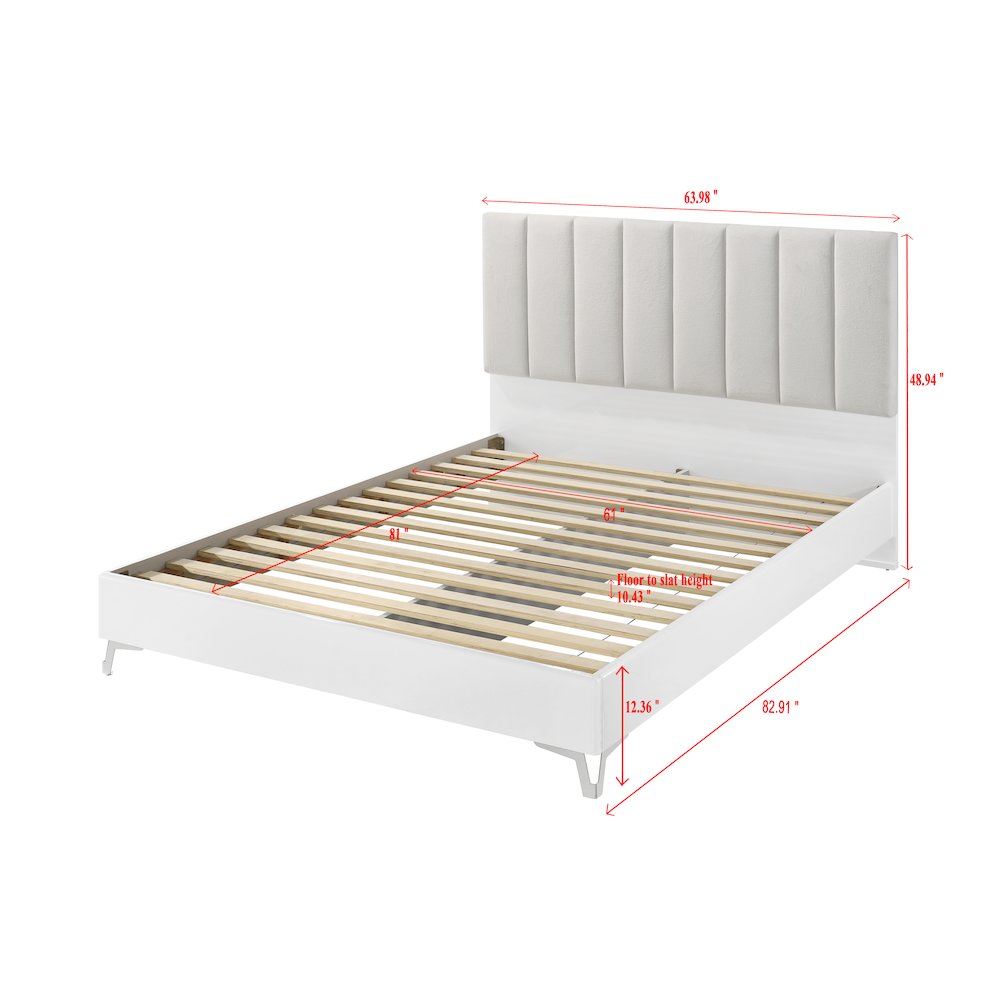 83" Queen Bed Frame, White Frame with Beige Padded Headboard, Channeled Polyeste. Picture 7