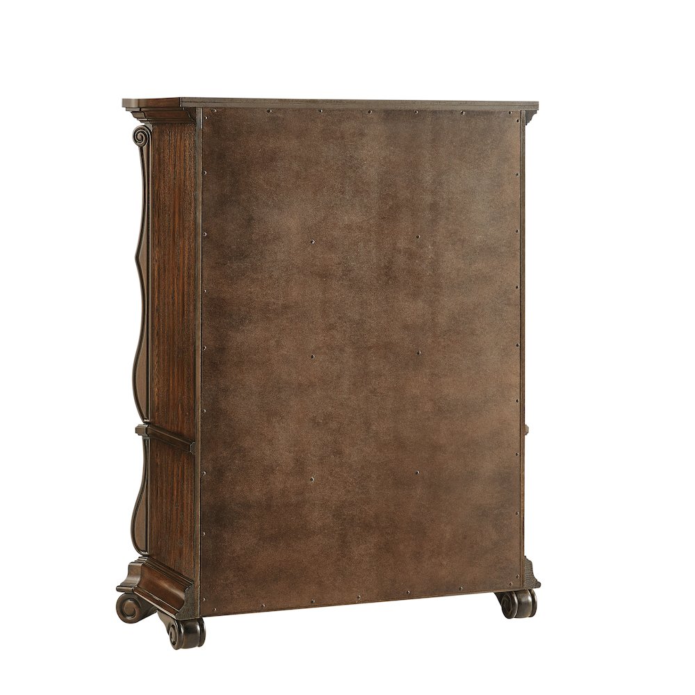 Belvedere 54" Traditional 5-Drawer Tallboy Chest, Carved Wood - Dark Cherry. Picture 4