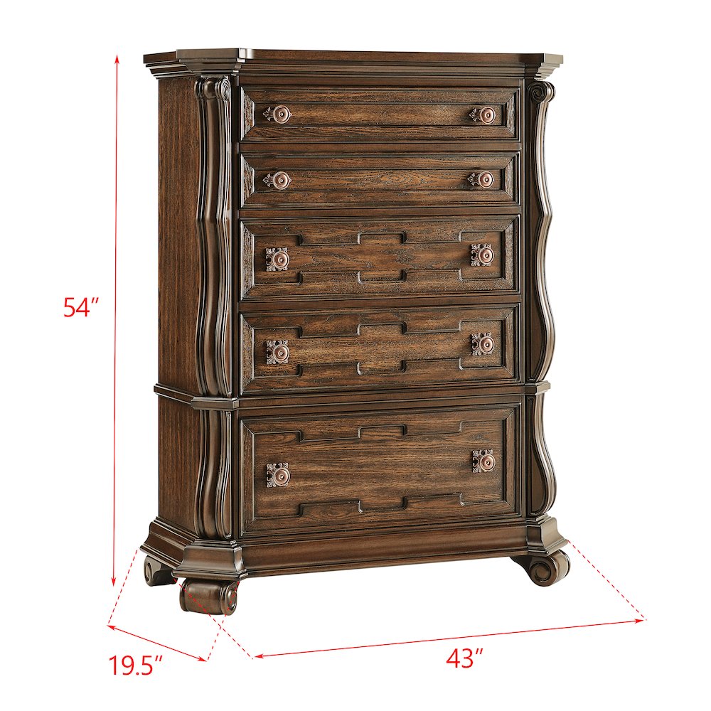 Belvedere 54" Traditional 5-Drawer Tallboy Chest, Carved Wood - Dark Cherry. Picture 11