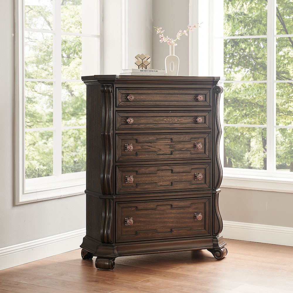 Belvedere 54" Traditional 5-Drawer Tallboy Chest, Carved Wood - Dark Cherry. Picture 9