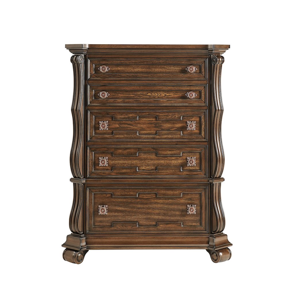 Belvedere 54" Traditional 5-Drawer Tallboy Chest, Carved Wood - Dark Cherry. Picture 2