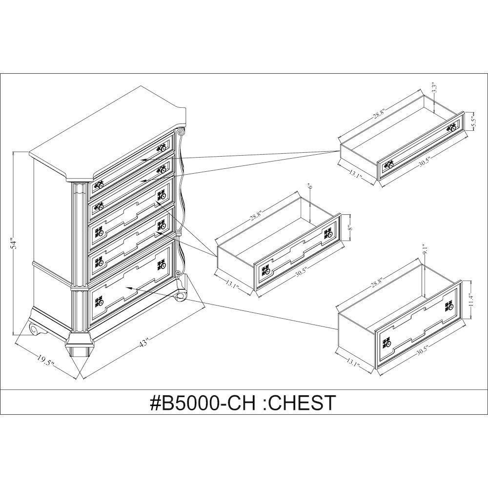 Belvedere 54" Traditional 5-Drawer Tallboy Chest, Carved Wood - Dark Cherry. Picture 10