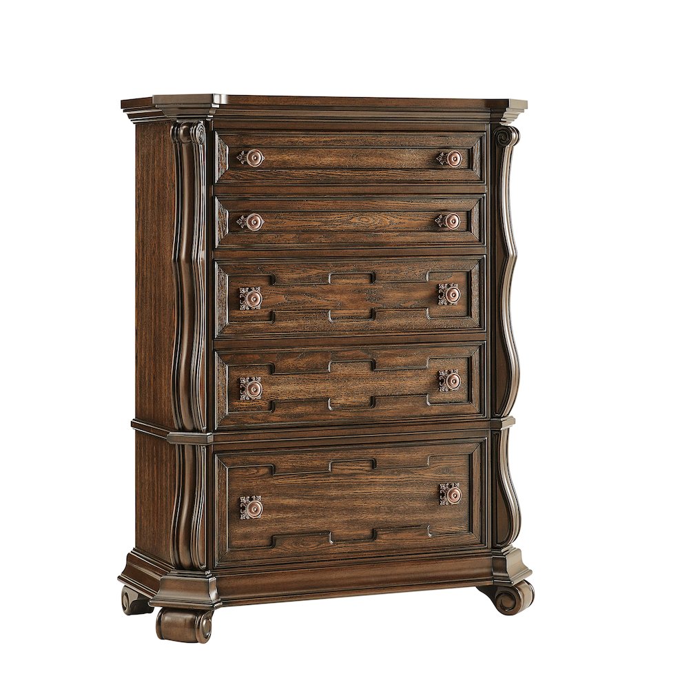 Belvedere 54" Traditional 5-Drawer Tallboy Chest, Carved Wood - Dark Cherry. Picture 1