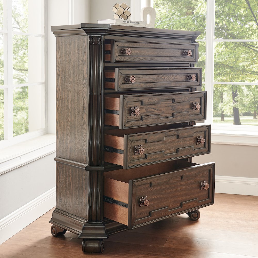 Belvedere 54" Traditional 5-Drawer Tallboy Chest, Carved Wood - Dark Cherry. Picture 6