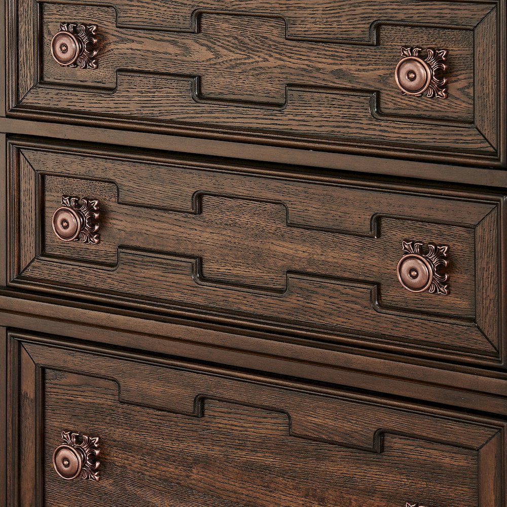 Belvedere 54" Traditional 5-Drawer Tallboy Chest, Carved Wood - Dark Cherry. Picture 5