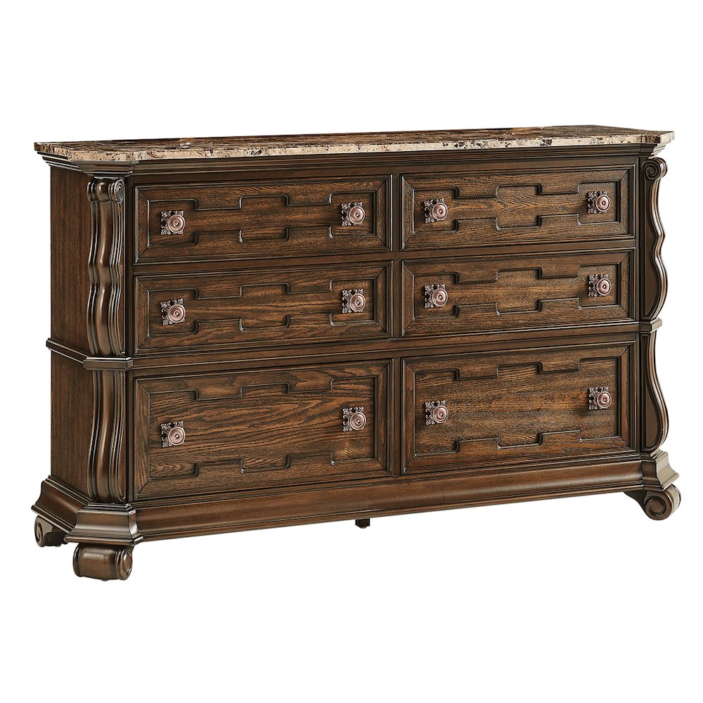 Belvedere 67.5" Wide 6-Drawer Double Dresser, Marble Top - Dark Cherry Finish. Picture 1